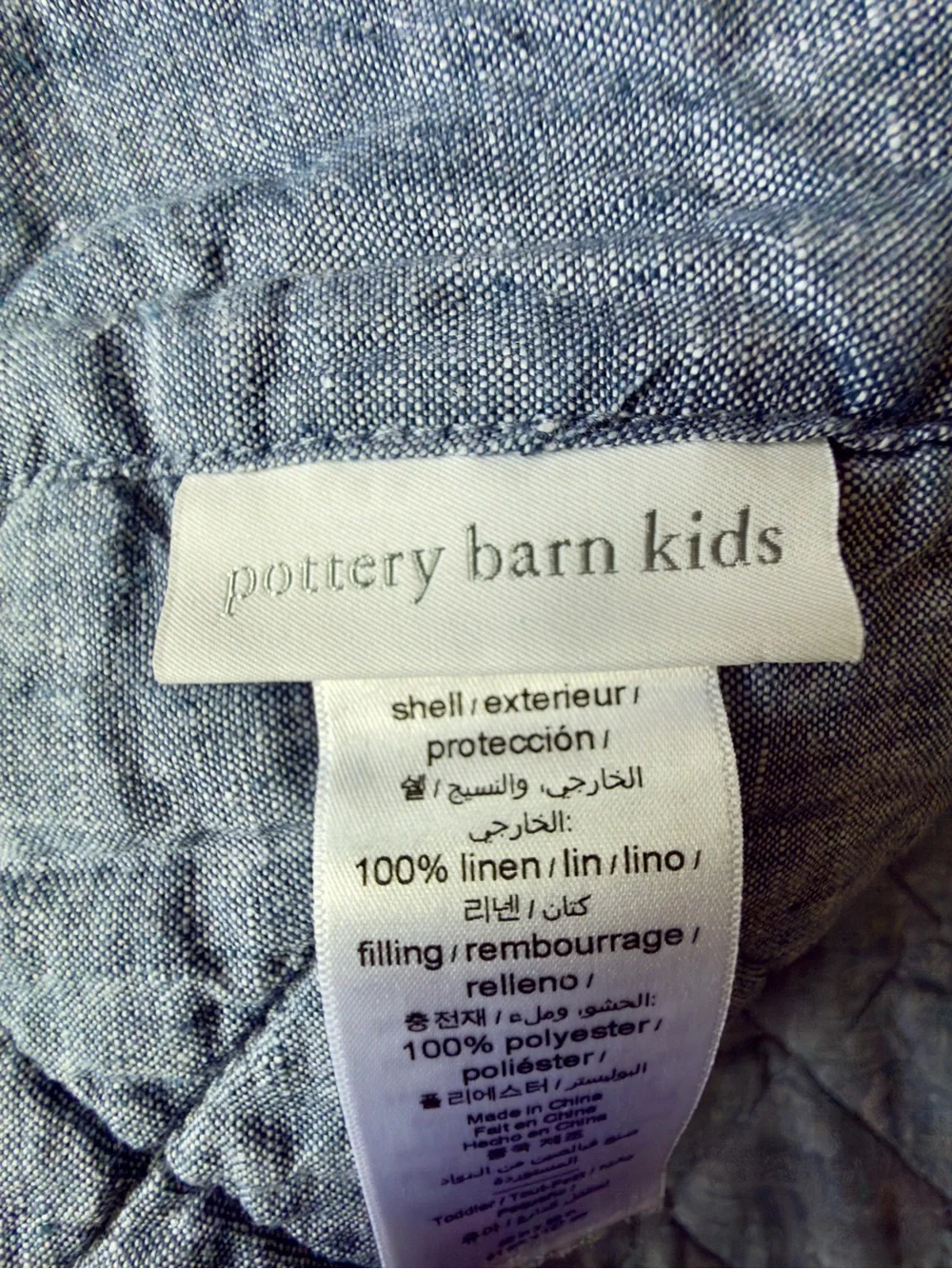 Pottery Barn Kids Belgian Flax Linen Diamond Toddler Quilt 38by50 Blue Gray